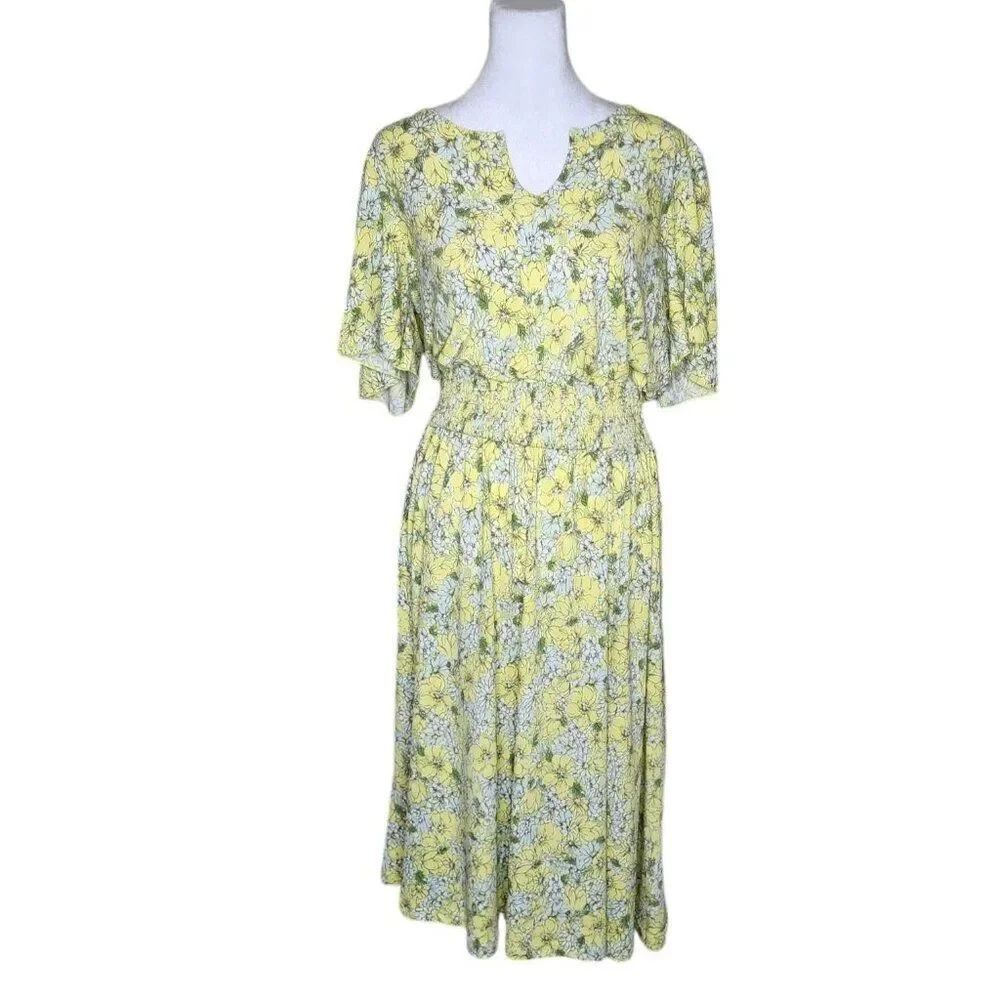 ModCloth Floral Short Sleeve Smocked ALine Fit Flare Dress Womens XL Yellow Dais